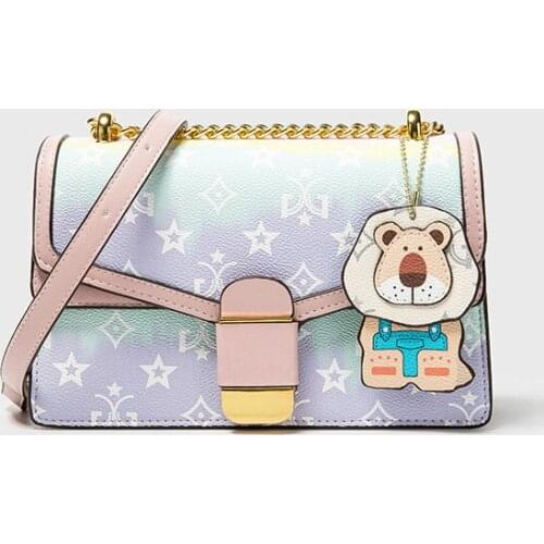 Summer New Luxury Designer Printed Colourful Strap With Chain & Pendant Gradient Ramp Leather Messenger Women Handbag For Women