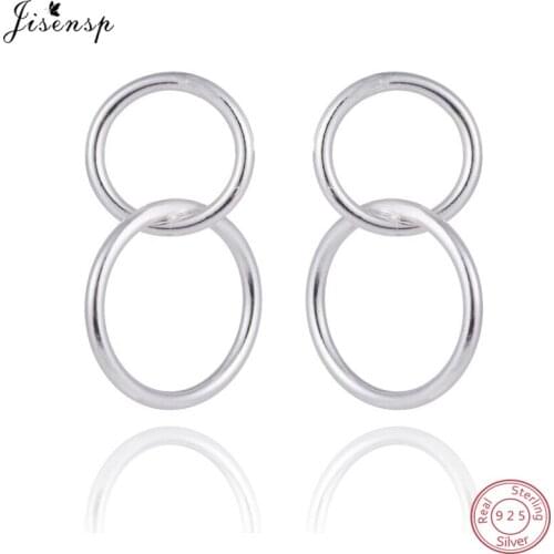 Jisensp 100% 925 Silver New Double Round Circle Pendant Long Earrings for Women Statement Jewelry Geometric Stud Earring Gifts