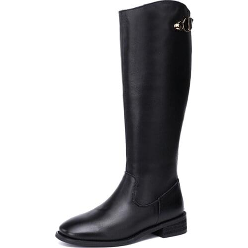UMMEWALO Black Tall Boots Women Round Toe Winter Thick Heel Genuine Leather Knee-High Boots Ladies
