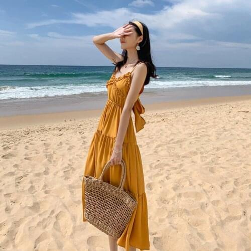 Women Yellow White Long Sundress Summer 2020 Runway Vintage Backless Korean Party Dresses Tropical Beach Vacation Slip Dress New