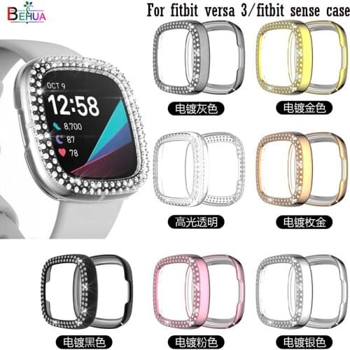 Hard pc Case for Fitbit versa 3 / Sense Two Rows Diamond Watch cases Cover Screen Protector Bumper Women Bling Protective Shell