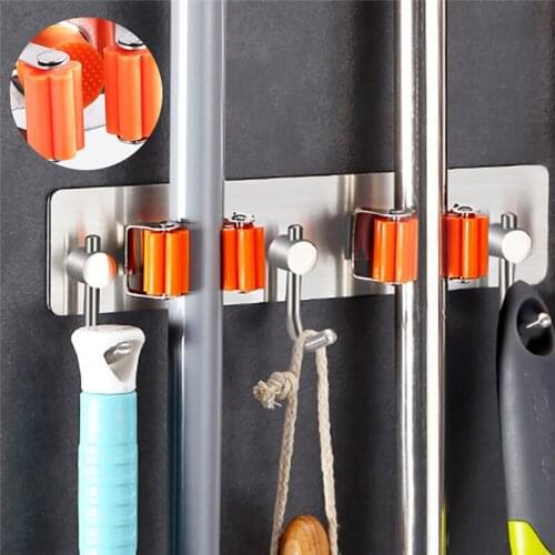 Self-adhesive Broom Hook Sweeper Holder Mop Stainless Steel Hanger Wall Mounted Bathroom Storage Rack