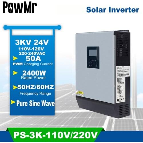 3KVA Pure Sine Wave Hybrid Solar Inverter 24V 220V 110V Built-in PWM 50A Solar Charge Controller and AC Charger for Home Use