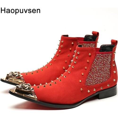 Free Shipping Genuine leather Men Pointed Toe Metal Ti Mens Dress Boots Fashion Handmade Studs Crystal Mens Booties 38-46