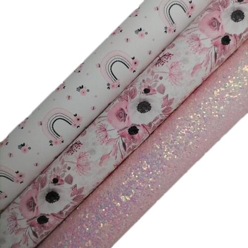 Pale Pink Glitter leather, Rainbow Flowers Printed synthetic leather Vinyl Fabric Leather Sheets For Bow A4 21x29CM KM668