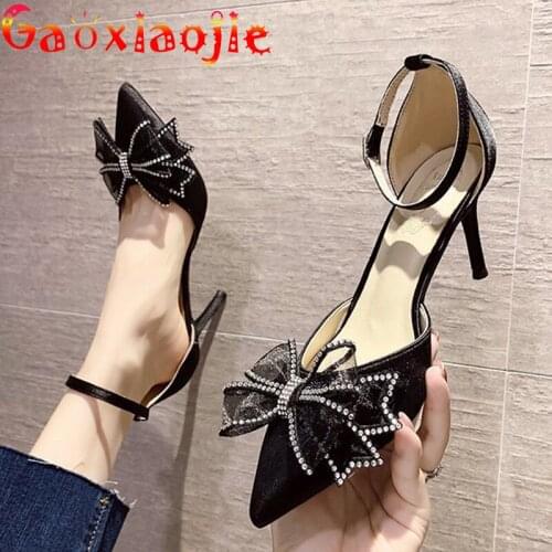 Shuzumiao Block Heel Sandal Small Fresh Butterfly-knot Shoes Women Fashion High Heels 2021 Summer New Wild Pointed Toe Shoes