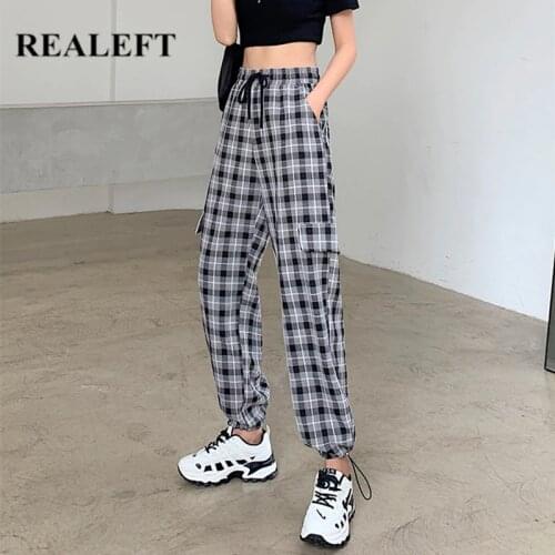 REALEFT 2021 New Autumn Vintage Plaid Womens Harme Pants Lace Up High Waist Loose Pants Female Long Straight Trousers Pockets