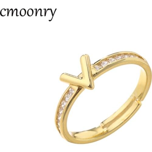 Cmoonry Simple Design Gold Color Copper Ring Luxury Cubic Zirconia Letter V Shape Party Ring For Women Femme Bijoux Adjustable