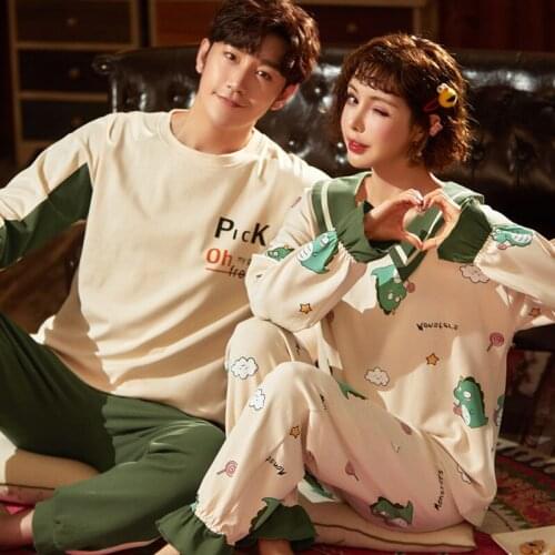 SLPBELY Cotton Couple Pajamas Homesuit Set Spring Casual Lapel Dinosaur Two Piece Long Sleeves Pyjamas Cartoon Lovers Sleepwear