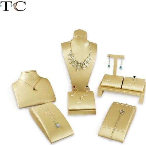 Quality Gold PU Leather Jewelry Ring Earring Display Necklace Showcase Jewelry Display Rack Stand Holder