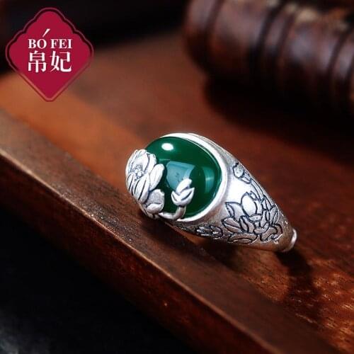 Retro Ethnic Style S925 Sterling Silver Classical Sterling Silver Ring Rings Womens Green Chalcedony Gemstone Lotus Open Ethnic