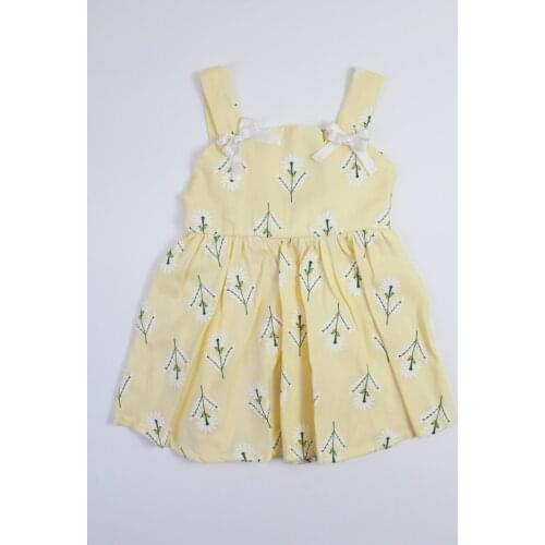 Flower Print Back Bow Summer Baby Dress Midi Textured Strap Yellow Printed Thin