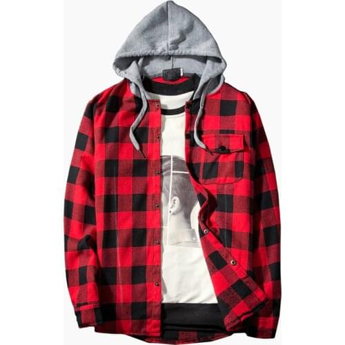 Fashion Red Plaid Hooded Shirt Men 2020 Brand New Casual Slim Fit Long Sleeve Men Shirt Hipster Streetwear Shirts Men Chemise