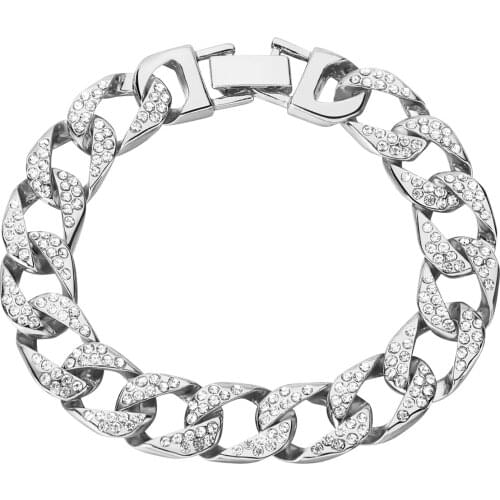 Shellhard Men Hip Hop Curb Cuban Link Chain Bracelet Silver Color Rhinestones Bracelet Rapper Rock Crystal Bracelets&Bangles