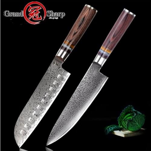 Grandsharp 2 Pcs Kitchen Knives Sets Chef Santoku Knife Damascus Kitchen Knives 67 Layers vg10 Japanese Kitchen Knives Gift Box