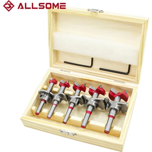 ALLSOME Drillpro 5Pcs Forstner Drill Bit Set 15 20 25 30 35mm Wood Auger Cutter Hex Wrench Woodworking Hole Saw For Power Tools