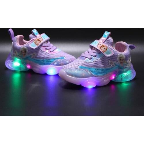 2021 new childrens shoes Frozen Aisha leather cartoon casual shoes sports shoes luminous shoes LED light shoes tide