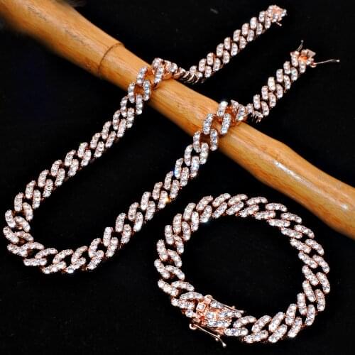 2021 Fashion Necklace +Bracelet Cuban Chain Women Men Hip Hop Luxury Bracelet Ice Out Rhinestone Rapper Jewelry