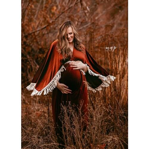 Photo Shoot Boho Maxi Bell Sleeves White Edge Maternity Dress Pregnant Velvet Gown for Woman Photography Prop Baby Shower Gift