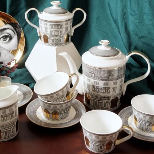 Luxury Europe Architettura Design Bone China Tea Coffee Pot Milk Pot Sugar Bowl Cup and Saucer Coffeeware Set Retro Swan Castle