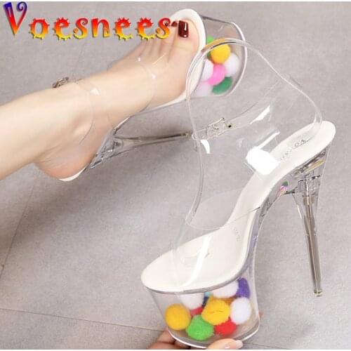 Summer Transparent Crystal Women Sandals Color Hairball Glow Women Shoes Sexy High Heels New Platform Striptease Female Sandals