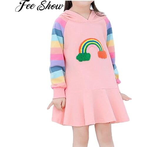 Spring Autumn Kids Girls Sweatshirt Dress Colorful Long Sleeves Hooded Dress Rainbow Print Casual Princess Dress Children Hoodie