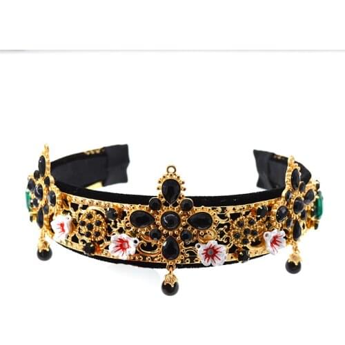 Bride Tiaras Baroque Crown Black Rhinestones Beads Hair Bands Crystal Baroque Retro Wide Headbands For Women Party Wedding Gift