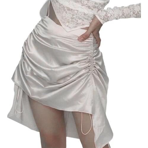 Womens High Low Mini Skirt, Fashion High Waist Solid Color Side Drawstring Ruched Skirt