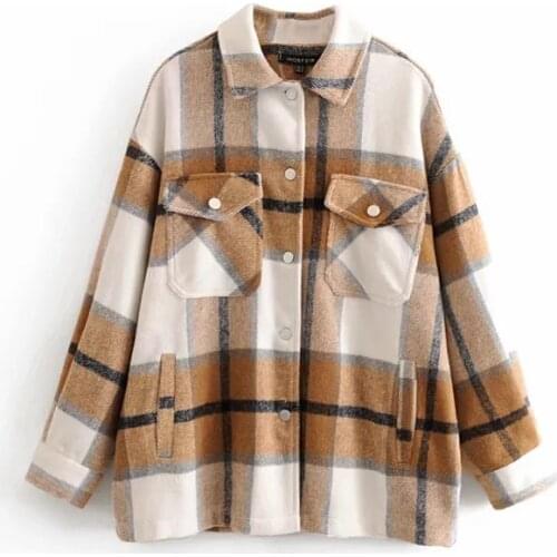 Autumn new European and American womens plaid shirt tweed coat long sleeve cardigan 036-2453