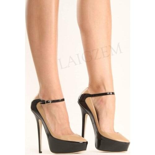 LAIGZEM Women High Heels Platform Heels Ankle Strap Pumps Evening Dress Custom Nude Black Shoes Tacones Mujer Large Size 34-52
