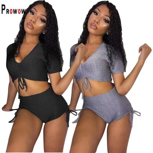Prowow Casual Women Clothing Set 2021 New V-neck Shirt Shorts Two Piece Sportswear Summer Skinny Bodycon Fitness Joggers Outfits