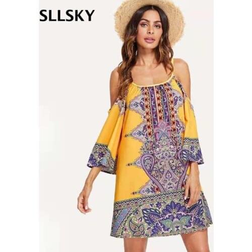 Sllsky Women Beach Sling Dress Round Neck Off The Shoulder Flared Sleeves Loose Waist Casual Sexy 2021 Summer New Female Dress