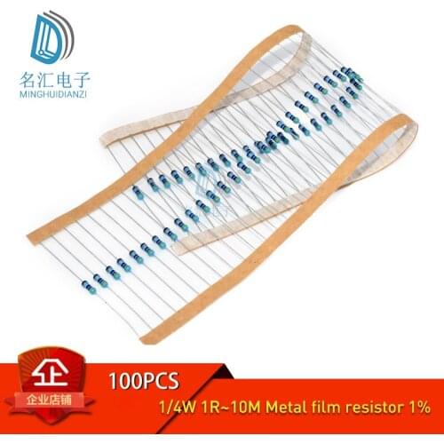 100pcs 1/4W 1R~10M 1% Metal film resistor 100R 220R 1K 1.5K 2.2K 4.7K 10K 22K 47K 100K 100 220 1K5 2K2 4K7 ohm resistance