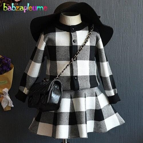 2PCS/2-6Years/Spring Autumn Baby Girls Outfits Kids Clothes Black Plaid Knit Cardigan Coats+Skirt Children Clothing Sets BC1029