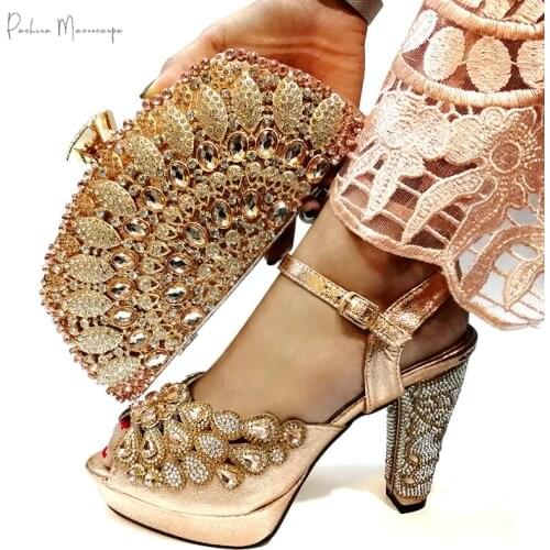 2020 Italian Design Summer Shoes and Bag Set in Peach Color Crystal Style Women Shoes Matching Bag for Party Wedding