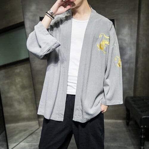 #7912 Cotton Linen Coat Men Embroidery Dragon Chinese Style Cardigan Kimono Coat Vintage Casual Loose Plus Size 5XL Grey Black