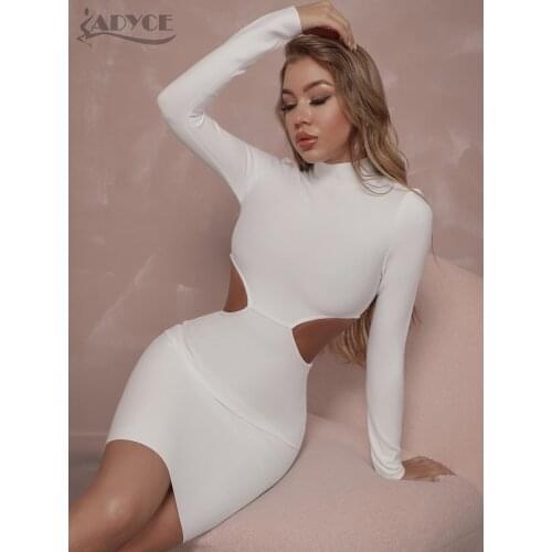 Adyce 2021 New Winter Long Sleeve Hollow Out Bandage Dress Sexy O Neck White Bodycon Club Celebrity Evening Runway Party Dresses