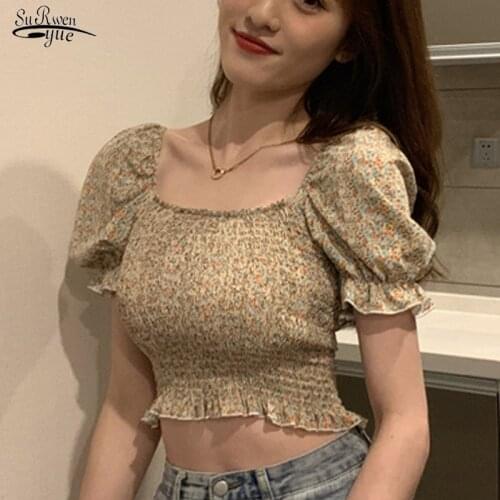 Blusas Summer Short Shirt Print Chiffon Crop Top Women Sweet Ruffle Square Collar Blouse Casual Women Puff Sleeve Clothing 10157