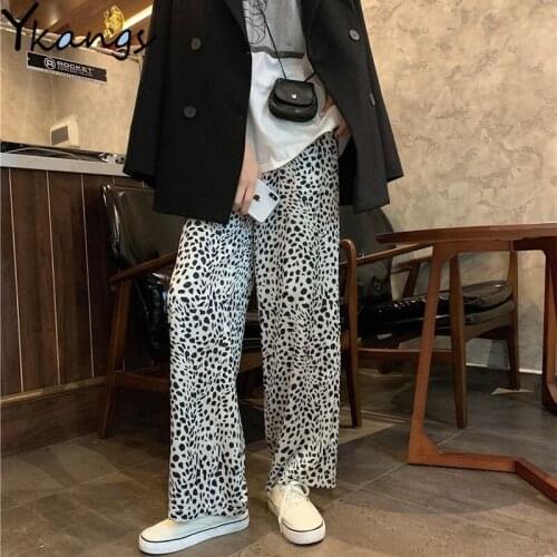 Joggers Women White Cow Loose Elastic High Waist Pants Harajuku Korean Casual Baggy Wide Leg Pants Straight Pockets Streetwear