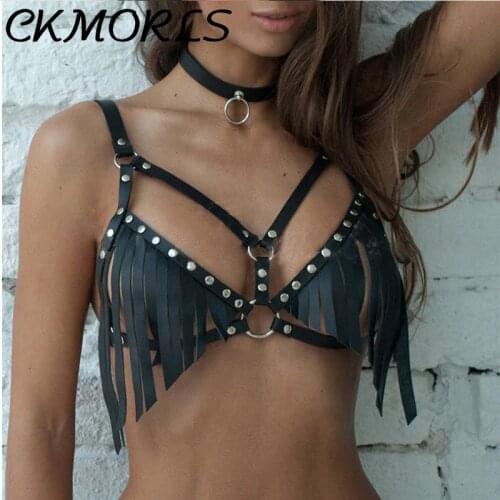CKMORLS Sexy Leather Harness Bra Punk Erotic Lingerie Goth Body Woman Stockings for Two Lover Bdsm Bondage Thigh Garter Belt