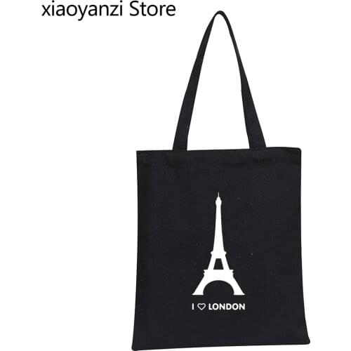 I Love London Canvas Tote Bag Graphic Eco Friendly Bag Eiffel Tower Shoulder Bag Design Fashion Homme Hipster Shopping Bags