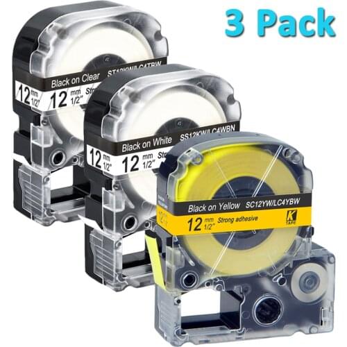 3Packs Multicolor SC12YW SS12KW LC-4WBN9 Compatible KingJim/Epson Label tape 12mm*8m For LW-300 LW-400 LW-600P Ribbon Printer