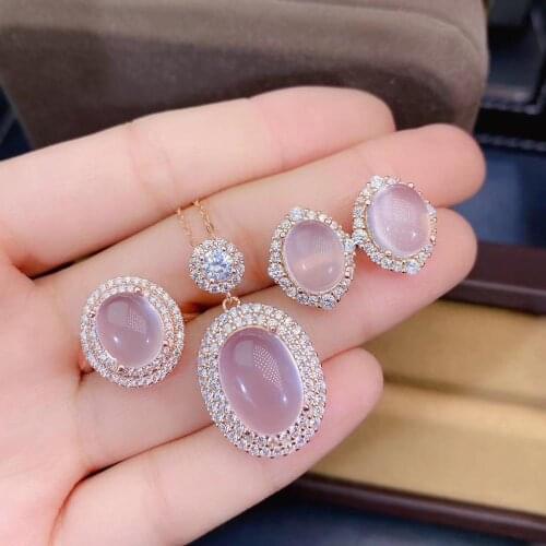 Best Quality Natural and Real Rose Quartz Jewelry Set 925 Sterling Silver 1pc Ring,1pc Pendant,2pcs Earring