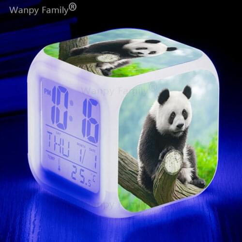Cute Panda LED Alarm Clock 7 Color Flash Digital Clock Multifunctional Luminous Electronic Watch for Childrens Holiday Gifts