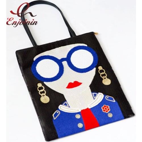 Fashion cartoon elegant woman sequins pu leather ladies shoulder bag handbag casual shopping bag female totes purse 3 colors
