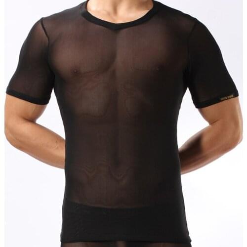 Man Undershirt Ultra-thin Transparent Shorts Sleeve T-shirts Ice Silk Gay Breathable Tops Tee Male Nightwear Sexy Sleepwear
