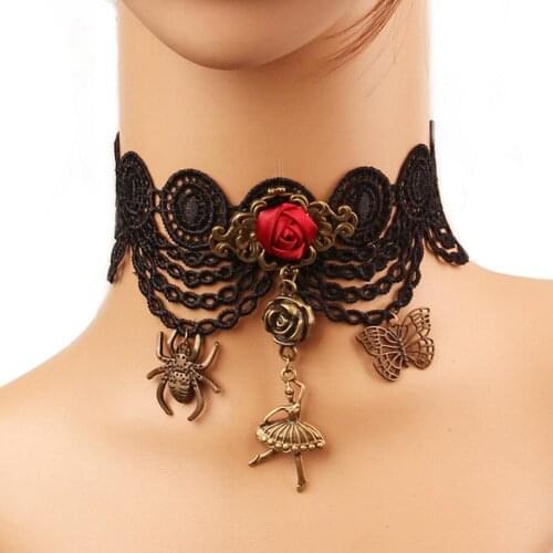 New Sale Vintage Gothic Black Lace and Bronze Charms Fashion Lace Neck Choker Collar Necklace Bijoux
