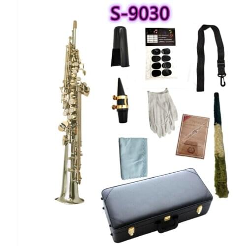 New Arrival S-9030 Soprano Saxophone B Tone Soprano Saxophone Nickel Plated Silver Sax Gold Key Professional Mouthpiece