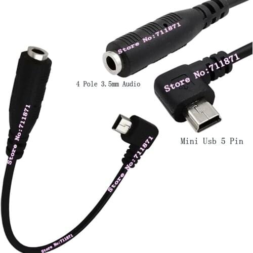 Right Angle Bend Mini Usb 5Pin Male 3.5 Female Mobile phone headset Adapter Cable Line 5P Mini usb 3.5mm Audio Adapter line wire