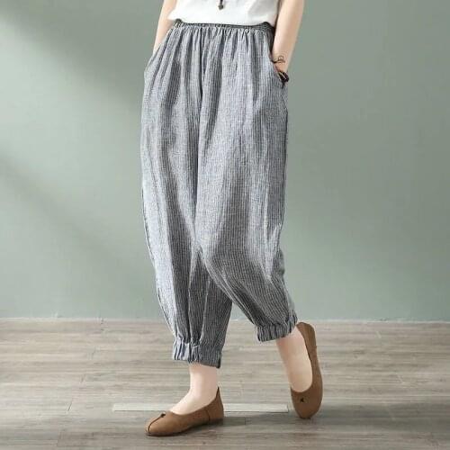 Plus Size Cotton Linen Trousers Women Loose Harem High Waist Stripe Pocket Pant Casual Pantalon Female Sweatpants Trouser Y295